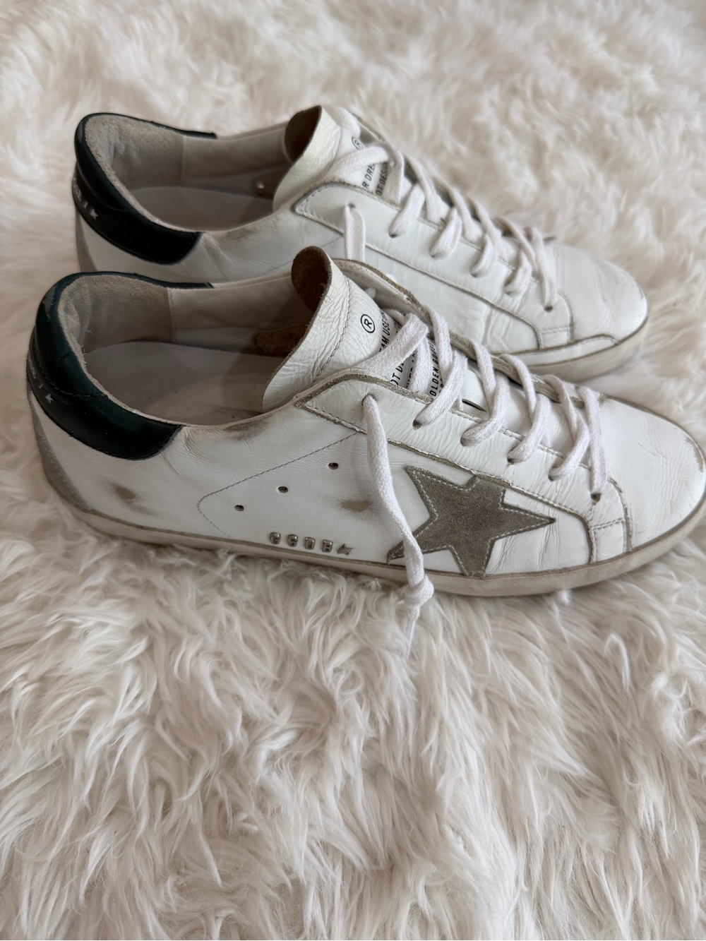 Golden Goose White Leather Sneakers with Silver Star and Green Heel Size 38 US 8
